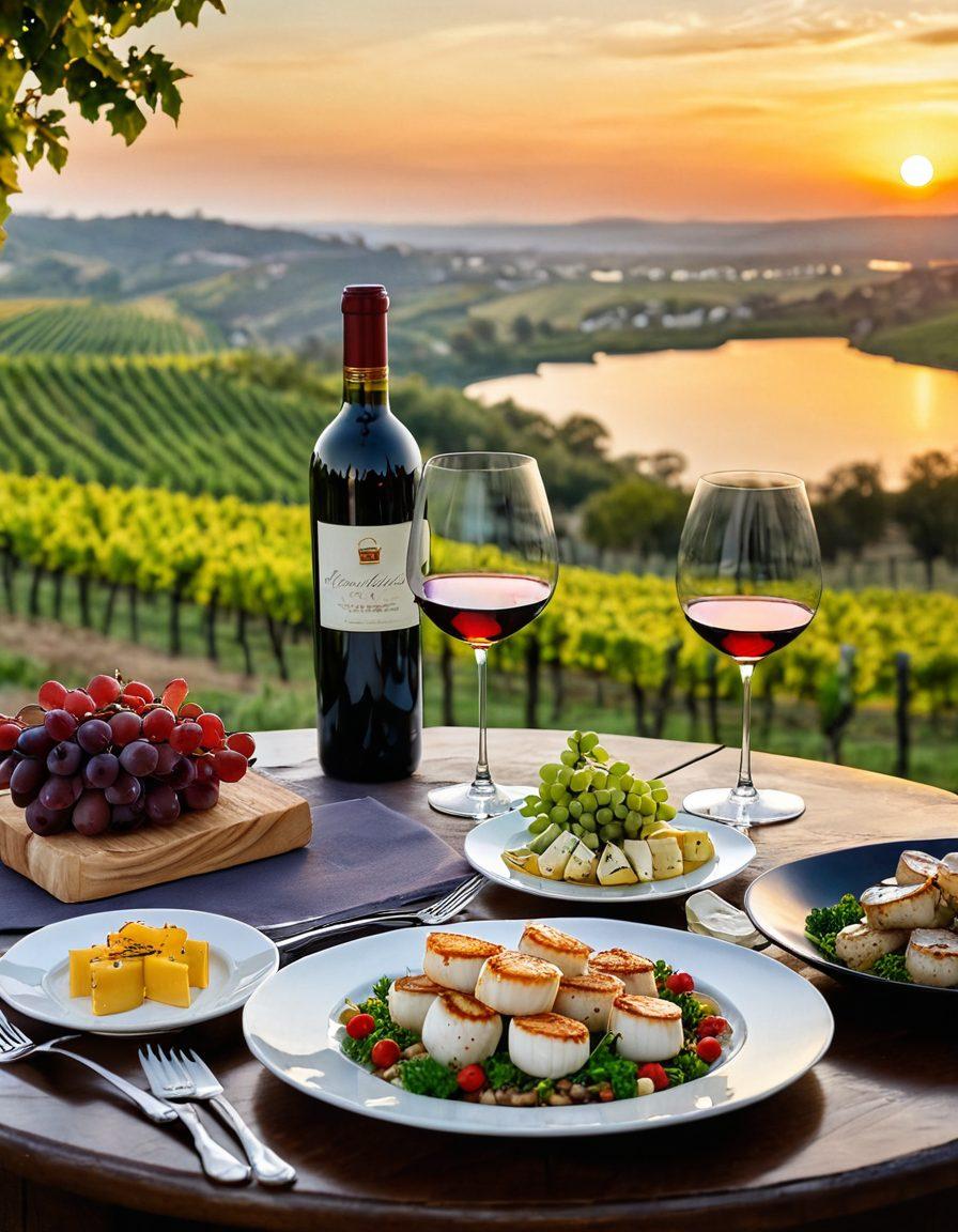A beautifully arranged table set for a wine and culinary experience, featuring elegant wine glasses filled with rich red and crisp white wines, paired with gourmet dishes like seared scallops and aged cheese. The background showcases a vineyard under a sunset, enhancing the ambiance of refinement and indulgence. Add a soft, warm light illuminating the scene. super-realistic. vibrant colors. romantic atmosphere.