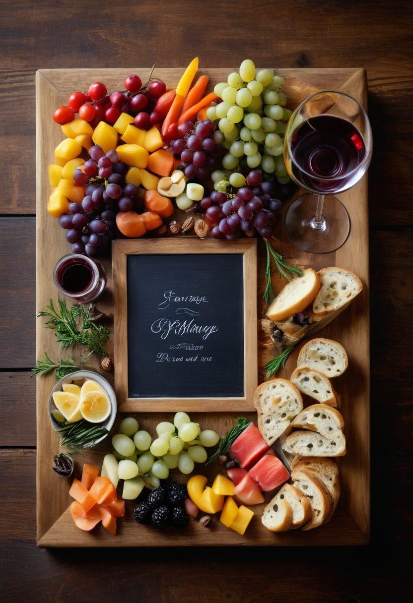 A beautifully arranged gourmet dish featuring a variety of colorful, elegant ingredients, paired with a glass of fine wine that reflects the light, all set on a rustic wooden table. Nearby, a small chalkboard displays handwritten notes about wine pairings and gourmet techniques, enhancing the sense of culinary artistry. The image should capture the essence of sophistication and indulgence. vibrant colors. super-realistic. soft focus.