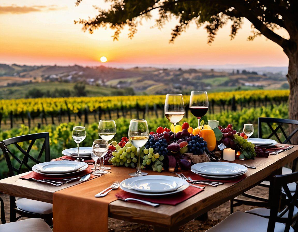 A beautifully arranged dining table featuring an array of gourmet dishes paired with elegant wine glasses filled with different colors of wine. A skilled sommelier is presenting the wine with a backdrop of a vineyard at sunset, adding a warm glow to the scene. The focus is on the harmony between food and wine, highlighting textures and colors. Soft, inviting ambiance with detailed textures. super-realistic. vibrant colors. romantic lighting.